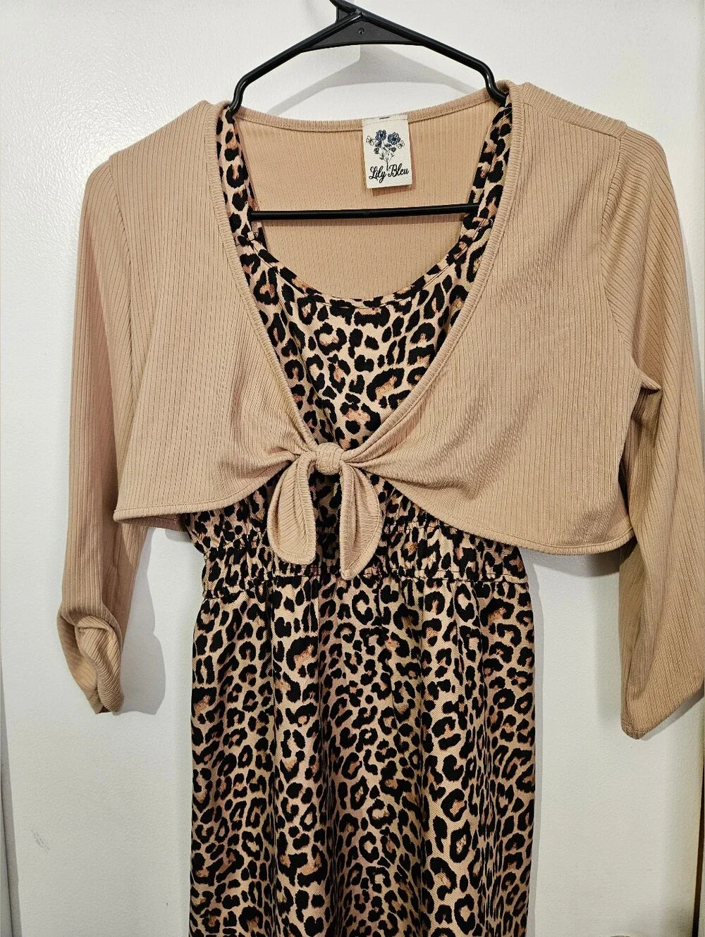 Lily Bleu Leopard Print Dress with Tan Cropped Tie-Front Cardigan 14